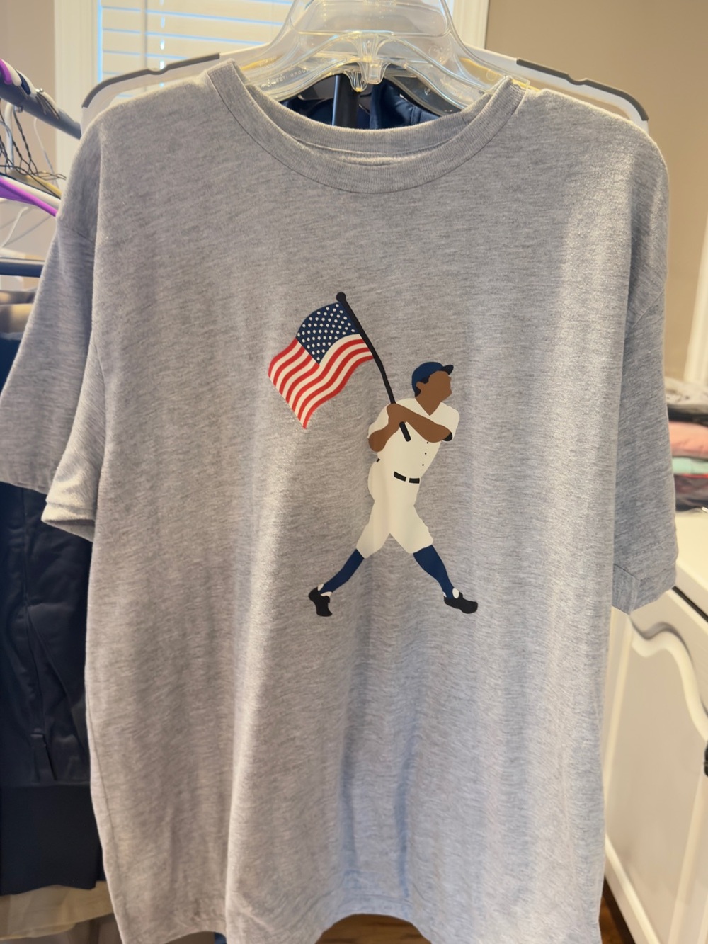 Grey Short-Sleeve Tee with Baseball & American Flag Graphic
